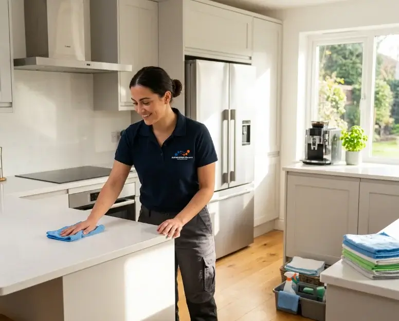 Super Good Movers cleaner wiping down a kitchen countertop
