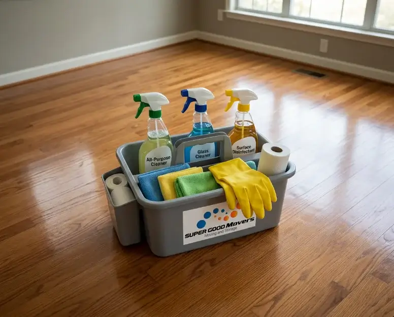 Cleaning caddy with sprays, microfiber cloths, and gloves on a hardwood floor