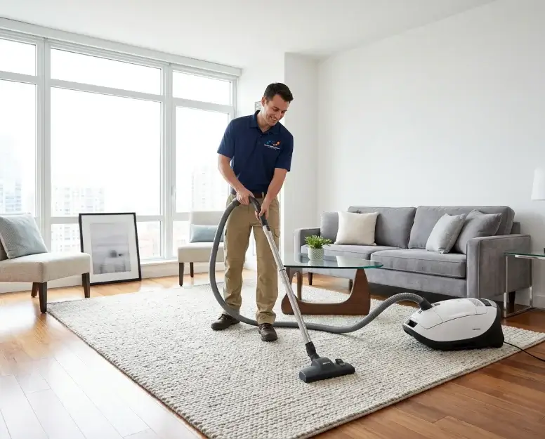 Super Good Movers cleaner vacuuming an area rug in a bright living room