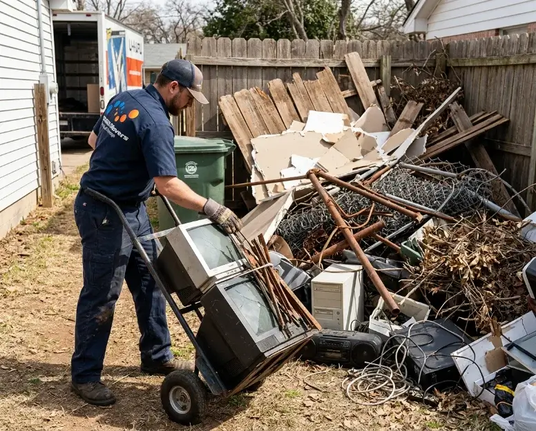 Crew member hauling an old TV on a dolly past a pile of scrap and yard debris
