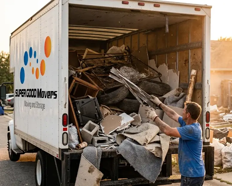 Super Good Movers box truck loaded with construction debris and old carpet