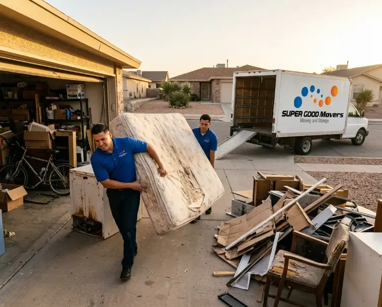 Two crew members carrying a mattress out of a garage during a cleanout